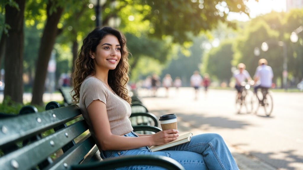 Detoks od uzależnienia od AI companion – młoda kobieta siedzi na ławce w parku z książką i kawą, powrót do realnego życia 2026
