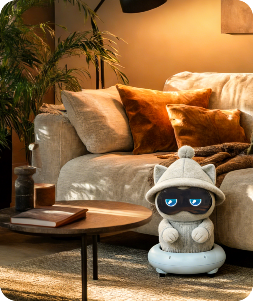Figure AI Cocomo / Inu – robot towarzyszący w salonie, mały szary robot z niebieskimi oczami na kanapie z książką, przytulny styl domowy, demo CES 2026, robot pet do towarzystwa