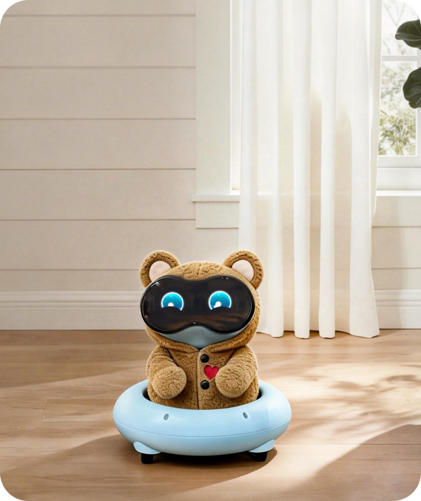 Ludens AI Cocomo / Inu – mały pluszowy robot towarzyszący w salonie, szary miś z czarnymi okularami VR i niebieskimi oczami, przytulny styl domowy, demo CES 2026, robot pet do emocjonalnego towarzystwa i codziennej obecności