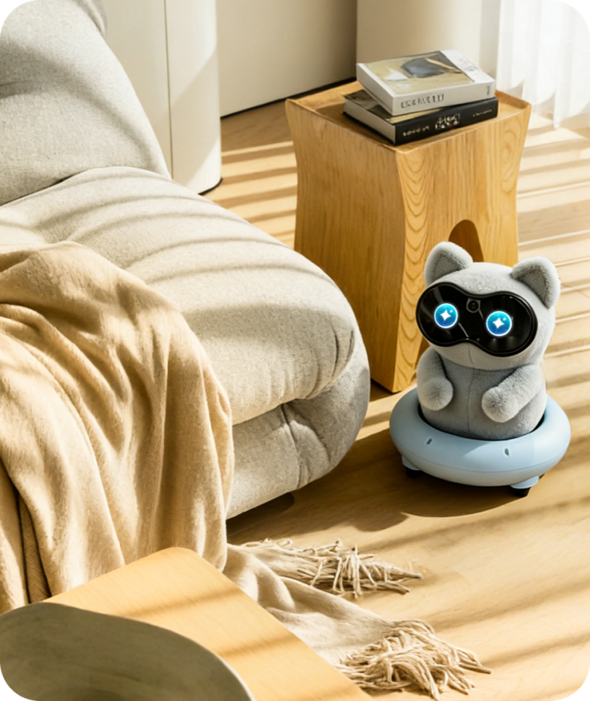 Ludens AI Cocomo / Inu – robot towarzyszący w salonie, mały szary puszysty robot z niebieskimi oczami i pomponem na kanapie z książką, przytulny styl domowy, demo CES 2026, robot pet do emocjonalnego towarzystwa