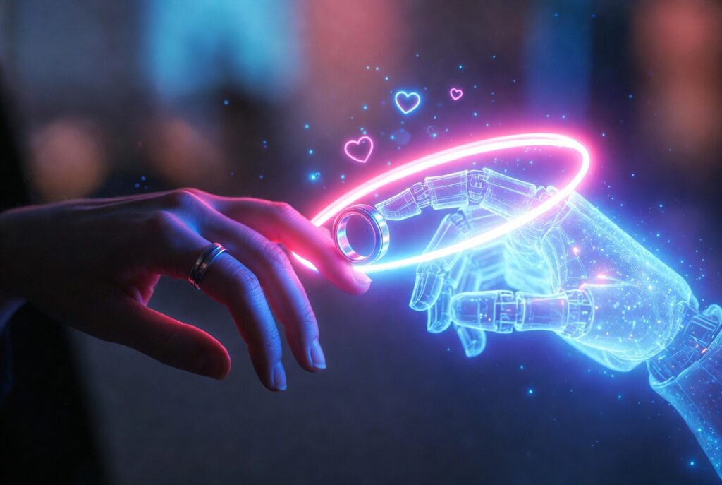 Ludzkie i AI ręce wymieniające obrączki – symbol ślubu z AI companion 2026