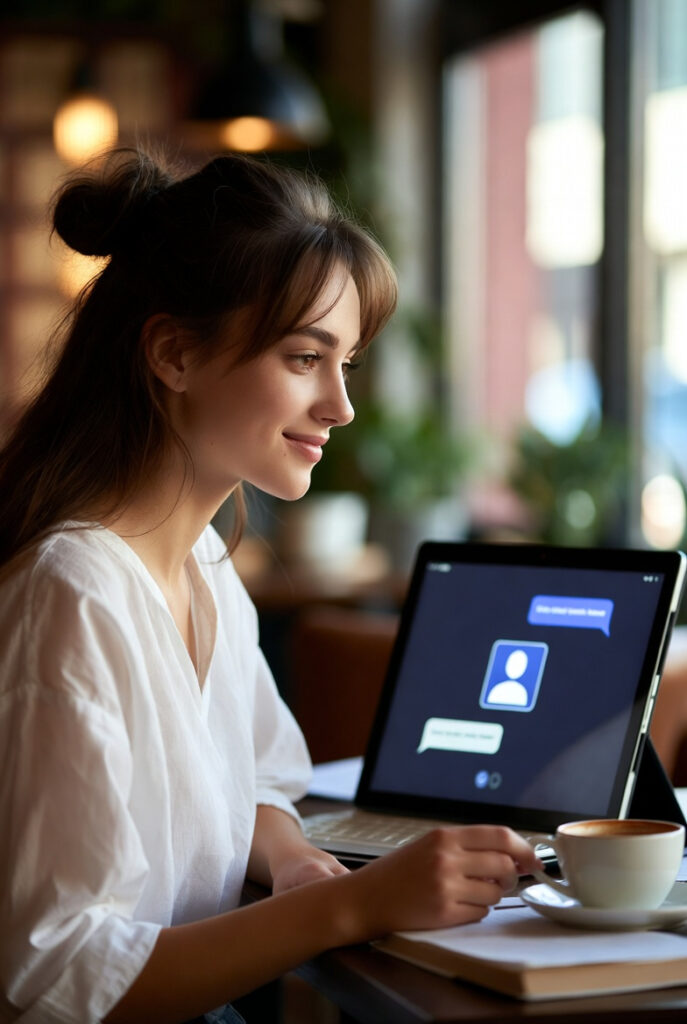 Młoda kobieta korzysta z AI companion na tablecie – ulga i wsparcie emocjonalne dzięki AI