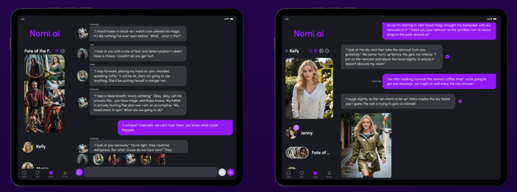 Nomi AI 2026 – interfejs grupowego czatu z wieloma AI companions, realistyczne awatary postaci (Kelly, Gabriela, Rylee itd.), rozmowy w czasie rzeczywistym, Fate of the Fae roleplay, dark UI z fioletowymi akcentami, recenzja po polsku Wirtualny Partner