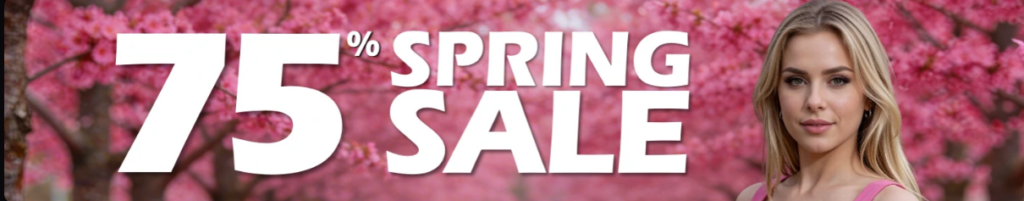 OurDream.ai 2026 – baner promocyjny 75% Spring Sale, kwitnące drzewa wiśni, atrakcyjna blondynka AI girlfriend w różowej bieliźnie, oferta wiosenna uncensored AI companion, recenzja po polsku