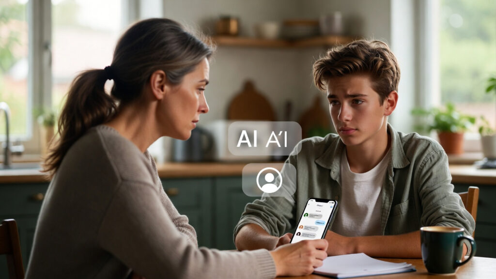 Rodzic sprawdza telefon dziecka – nowe prawo USA 2026 wymaga ochrony nieletnich przed ryzykownymi AI companions