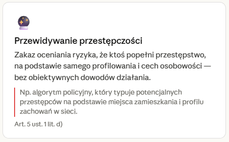 Przewidywanie przestępczości – zakaz AI Act, zakaz oceniania ryzyka popełnienia przestępstwa na podstawie samego profilowania i cech osobowości bez obiektywnych dowodów działania, przykład algorytmu policyjnego typującego potencjalnych przestępców na podstawie miejsca zamieszkania i profilu w sieci, Art. 5 ust. 1 lit. d) Rozporządzenia AI Act