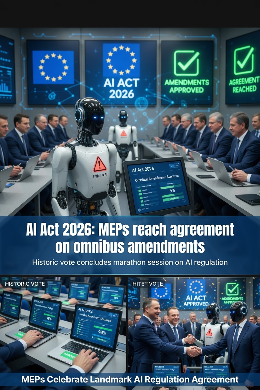 AI Act 2026 – MEPs osiągnęły porozumienie ws. poprawek omnibus, high-risk AI robot w Parlamencie Europejskim, ostrzeżenie High-Risk AI, sale obrad z ekranami regulacji AI, głosowanie nad AI Act omnibus 2026