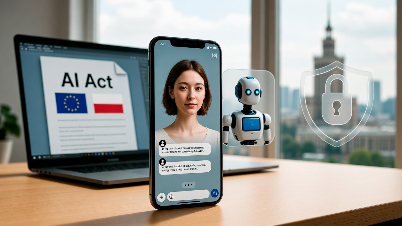 Hero artykułu AI Act 2026 w Polsce – smartfon z twarzą AI Girl w aplikacji companion, dokument AI Act z flagą UE i Polski, mały robot humanoid i symbol kłódki bezpieczeństwa