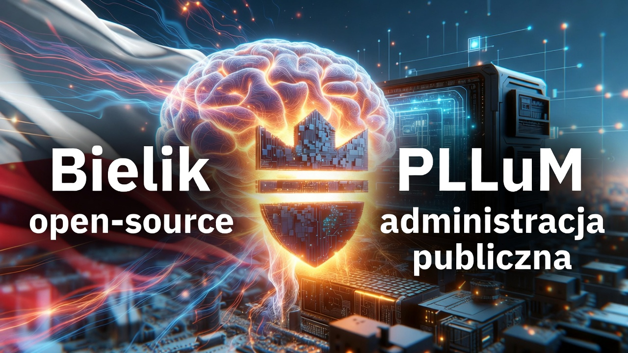 Bielik i PLLuM – polskie modele językowe 2026, suwerenna AI dla administracji publicznej i biznesu, flaga Polski, neural network, superkomputer, styl tech
