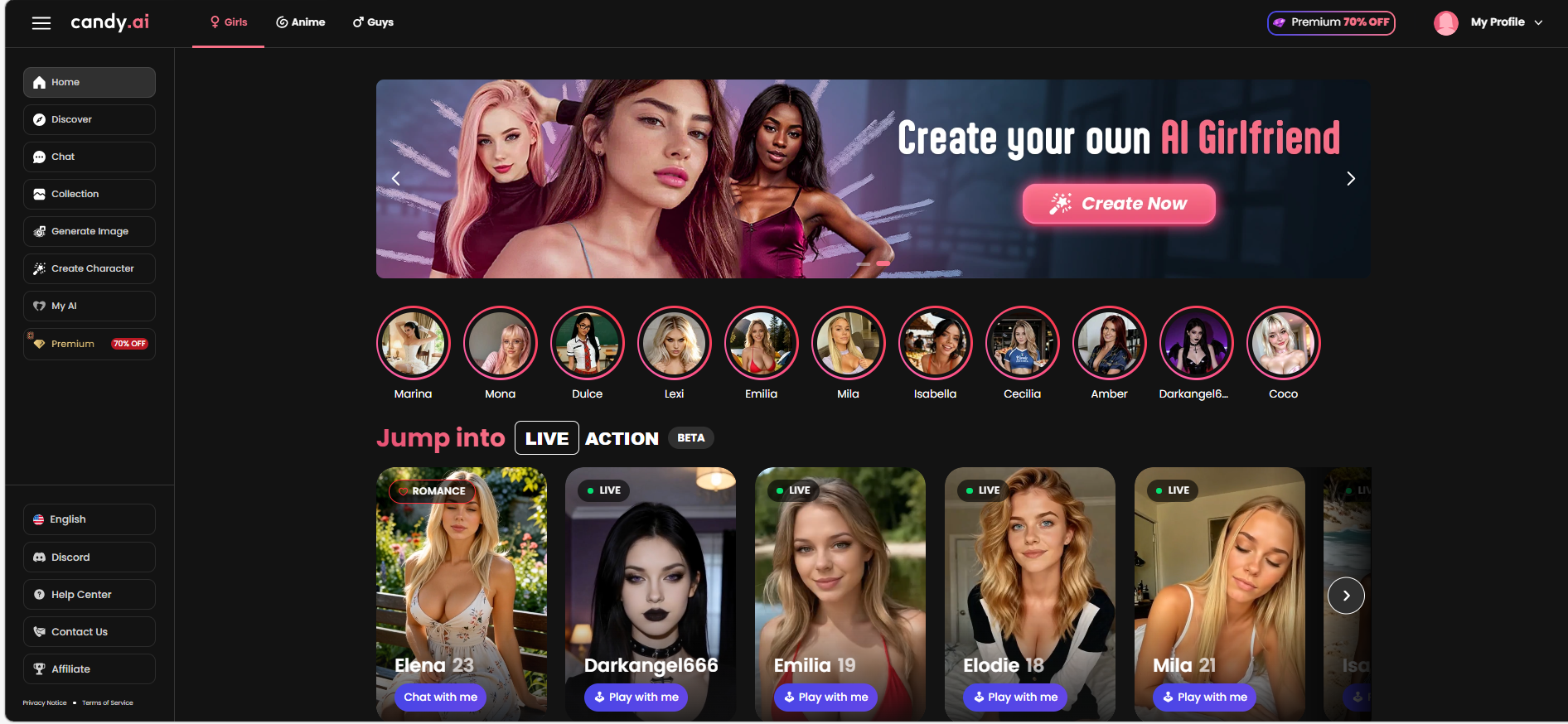 Candy.ai 2026 – strona główna i interfejs tworzenia własnej AI girlfriend, sekcja Girls, live chat i oferta Premium, recenzja po polsku