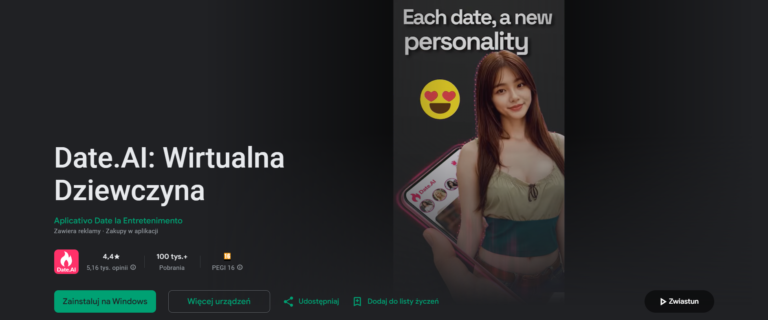 Date.AI: Wirtualna Dziewczyna – polska aplikacja AI girlfriend na Google Play, ekran główna z postacią anime-style, roleplay i wydarzenia, recenzja 2026 po polsku