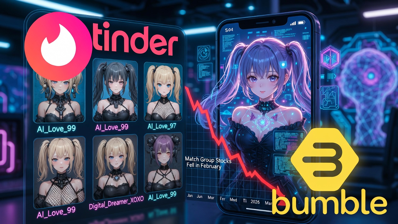 Disrupt na rynku randkowym 2026 – AI girls na Tinderze i Bumble, spadek akcji Match Group w lutym, anime-style profile AI, Tinder i Bumble logo, wykres spadku akcji, futurystyczny interfejs, recenzja po polsku