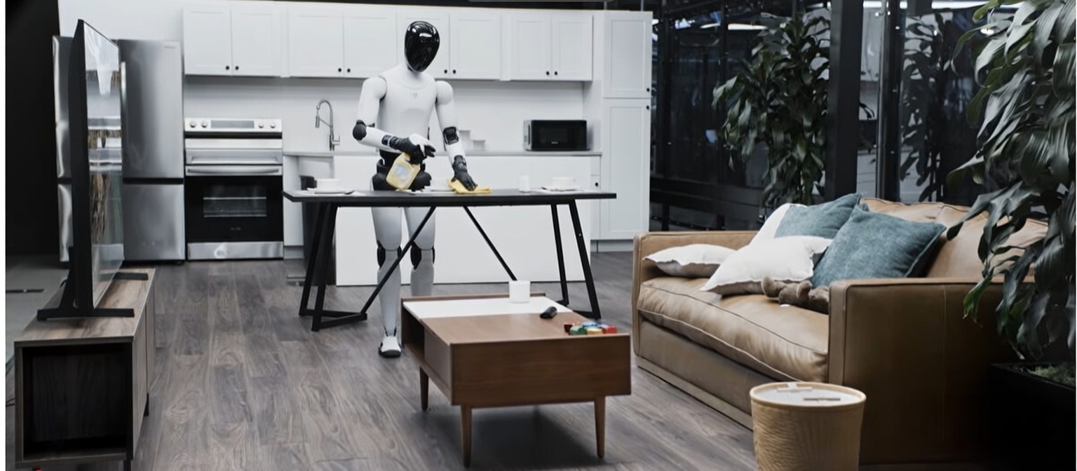 Figure 03 Helix 02 – autonomiczne sprzątanie salonu, robot układa przedmioty na stole, nowoczesny dom, demo z marca 2026, Figure AI Bedroom Organization