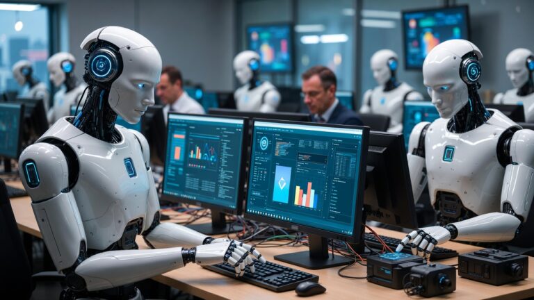 GPT-5.4 Era Agentów 2026 – hero image, AI agent samodzielnie obsługuje komputer, roboty przy biurkach analizują ekrany, klikają przyciski i wykonują zadania, OpenAI GPT-5.4 z funkcją Computer Use, kontekst 1 milion tokenów, futurystyczne biuro z hologramami i danymi, AI companions i humanoidy w tle