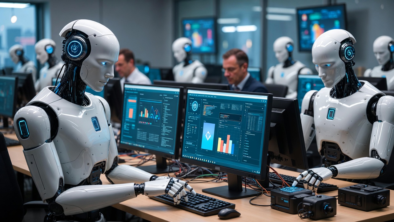 GPT-5.4 Era Agentów 2026 – hero image, AI agent samodzielnie obsługuje komputer, roboty przy biurkach analizują ekrany, klikają przyciski i wykonują zadania, OpenAI GPT-5.4 z funkcją Computer Use, kontekst 1 milion tokenów, futurystyczne biuro z hologramami i danymi, AI companions i humanoidy w tle