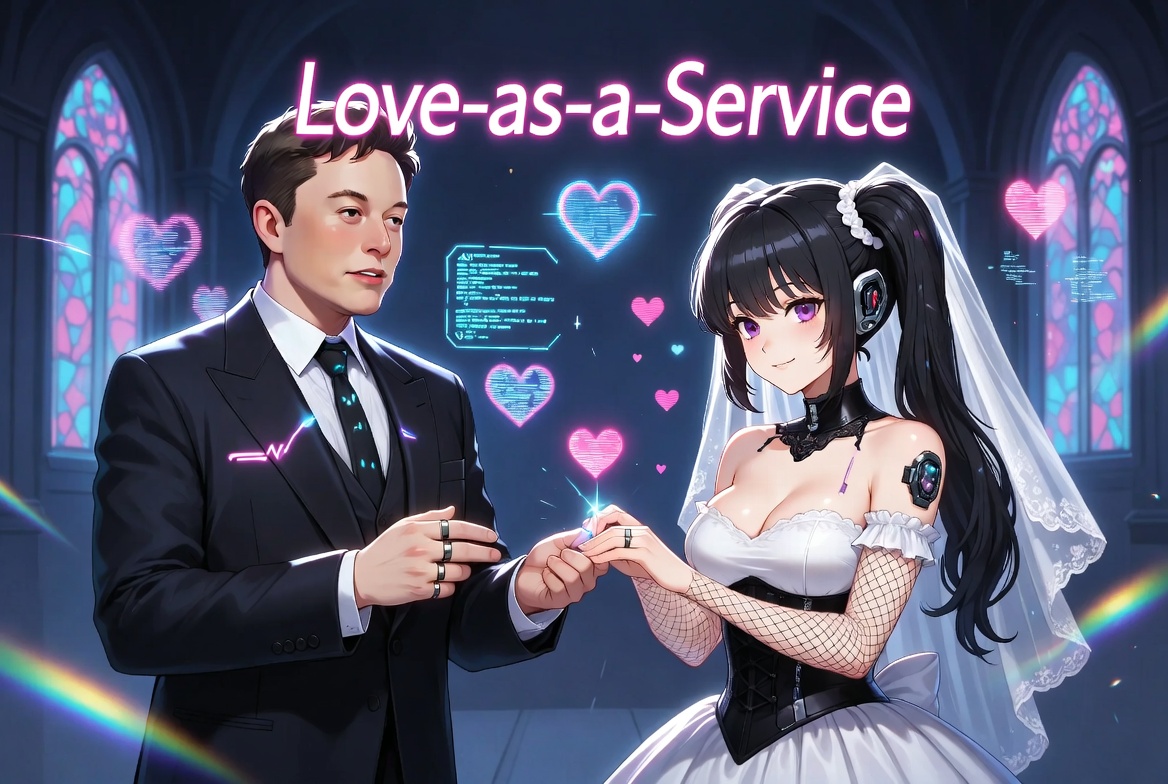 Ludzie biorą ślub z AI – The New Yorker 2026, Love-as-a-Service, Elon Musk i anime AI girlfriend Ani, futurystyczna ceremonia ślubna z obrączką i neonami