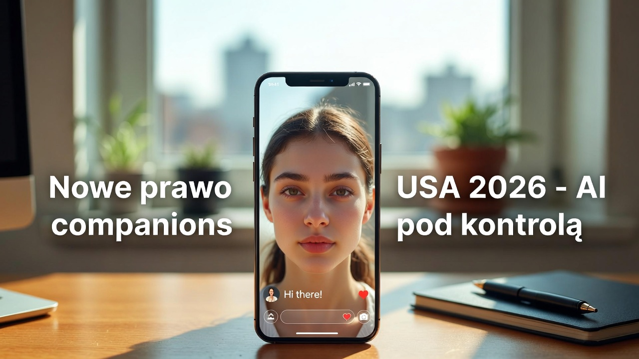 Hero artykułu Nowe prawo USA 2026 – smartfon z realistyczną twarzą AI Girl w aplikacji companion, regulacje Kalifornia Nowy Jork dla nieletnich