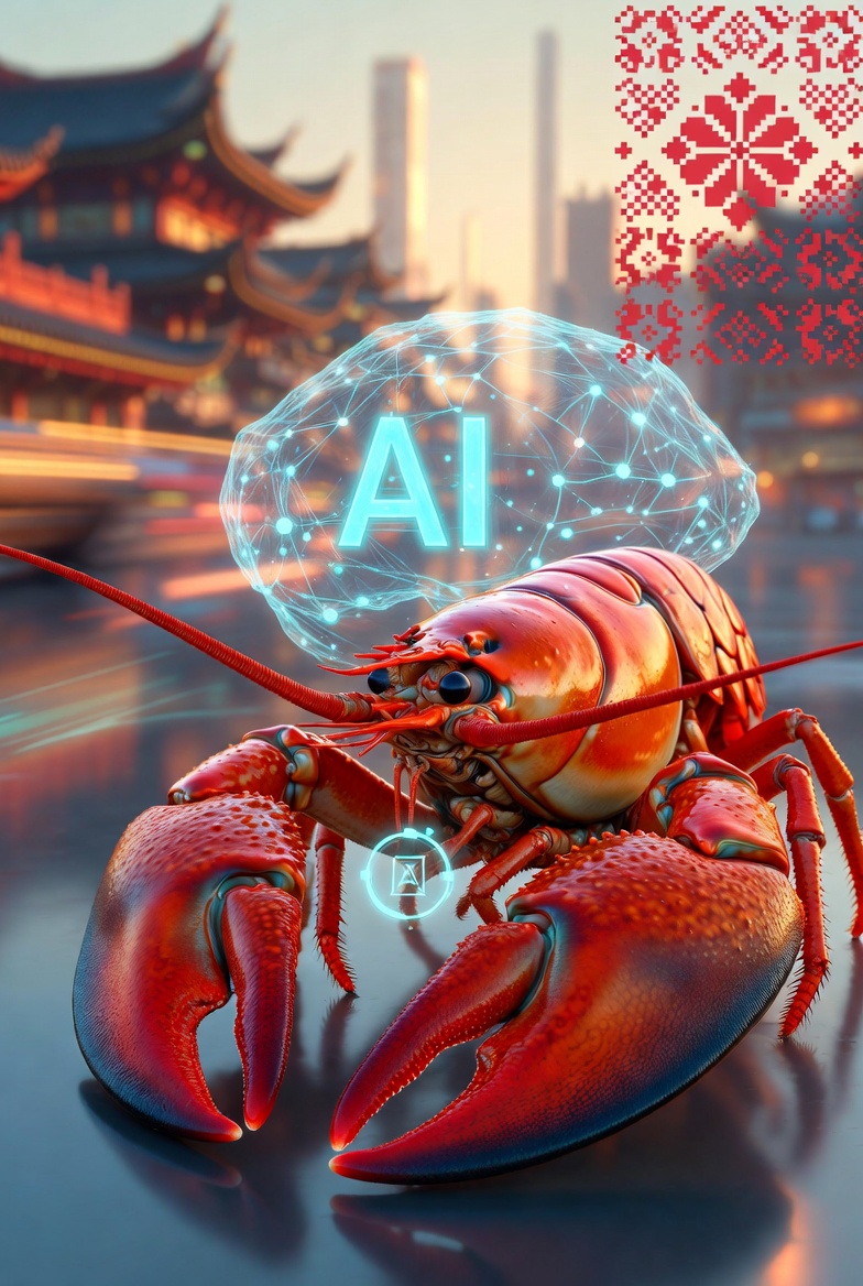 OpenClaw – open-source AI agent z motywem homara, czarny łabędź 2026, pierwszy moment ChatGPT dla open-source AI, austriacki projekt Petera Steinbergera, chiński hype na Tencent i Baidu, futurystyczny homar z AI w tle chińskich wieżowców i polskiego akcentu, rewolucja agentów AI dla AI companions i wirtualnych partnerów