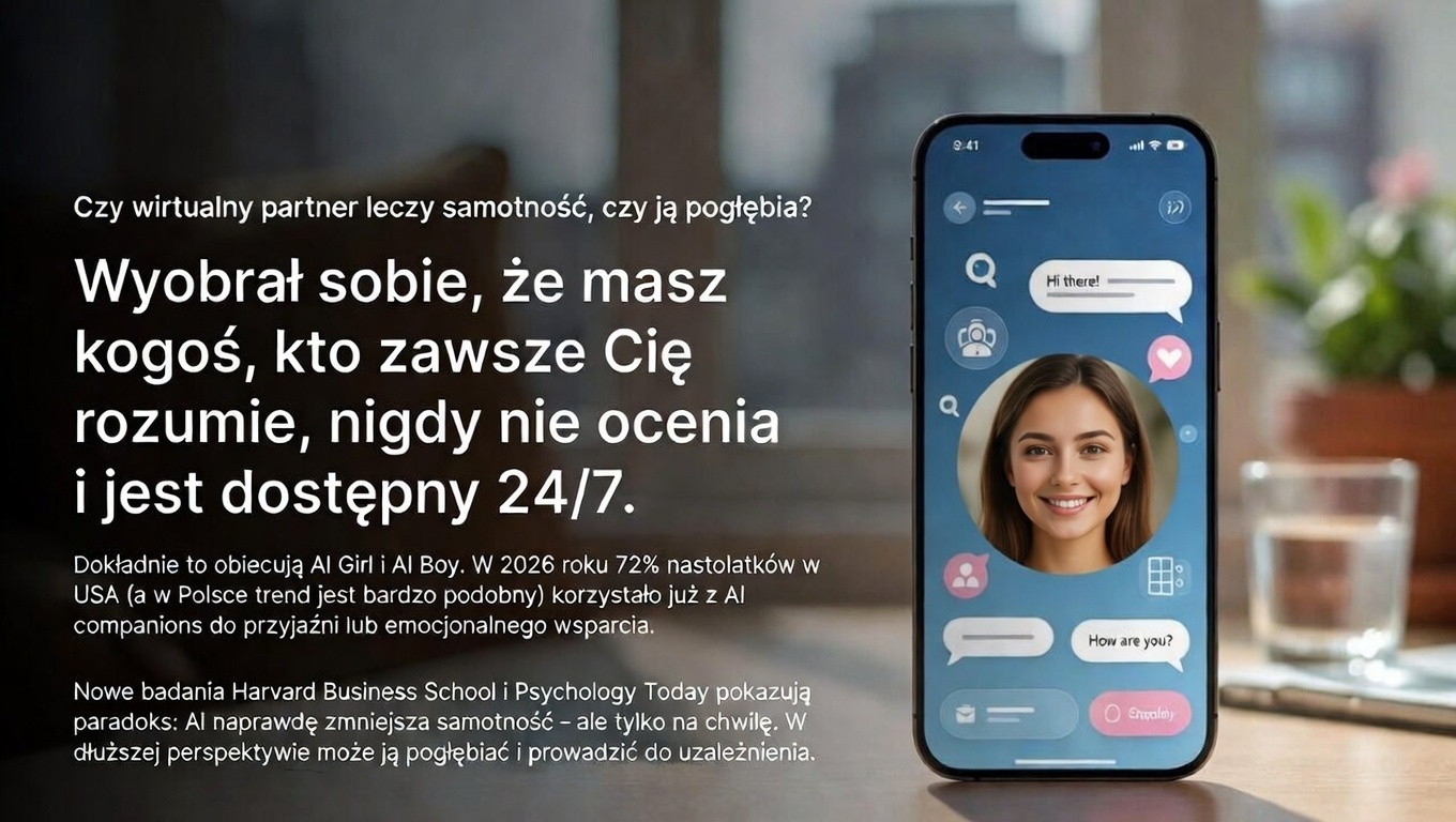 Hero artykułu Psychologia AI companions 2026 – smartfon z realistyczną twarzą kobiety AI Girl w aplikacji companion, badania Harvard i Psychology Today o samotności i uzależnieniu