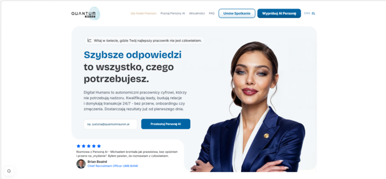 Quantum Neuron 2026 – Judy AI Persona, cyfrowa pracownica w garniturze, realistyczna kobieta biznesowa, cytat Briana Beairda z UMB Bank, strona główna quantumneuron.ai, przycisk „Przetestuj Personę AI”, pierwszy polski startup w 500 Global, Digital Human do sprzedaży i obsługi klienta