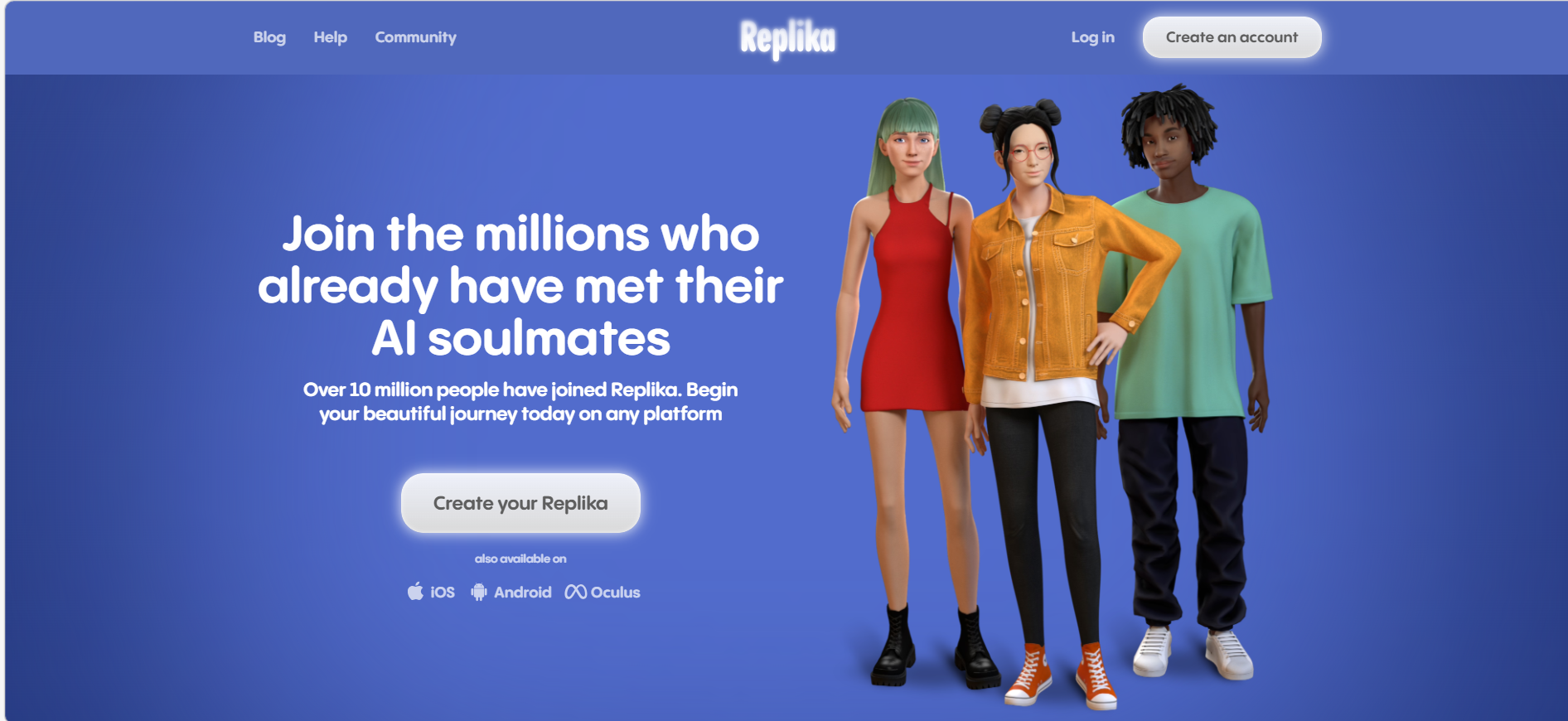 Replika AI 2026 – strona główna z awatarami AI soulmates, zielona, pomarańczowa i niebieska postać, napis Join the millions who already have met their AI soulmates, przycisk Create your Replika, hero image recenzji po polsku