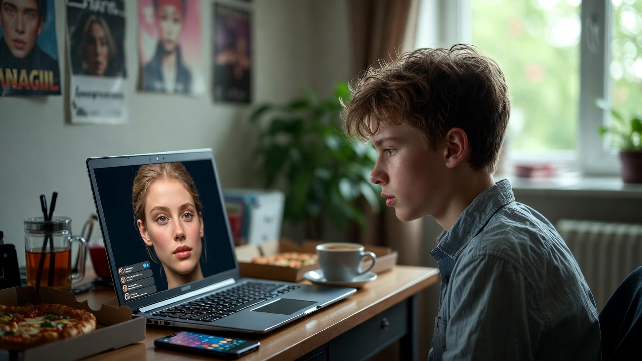 Hero artykułu Uzależnienie od AI companion – młody mężczyzna samotnie siedzi na kanapie i patrzy na ekran smartfona z twarzą AI Girl, ilustracja izolacji i uzależnienia od AI girlfriend 2026