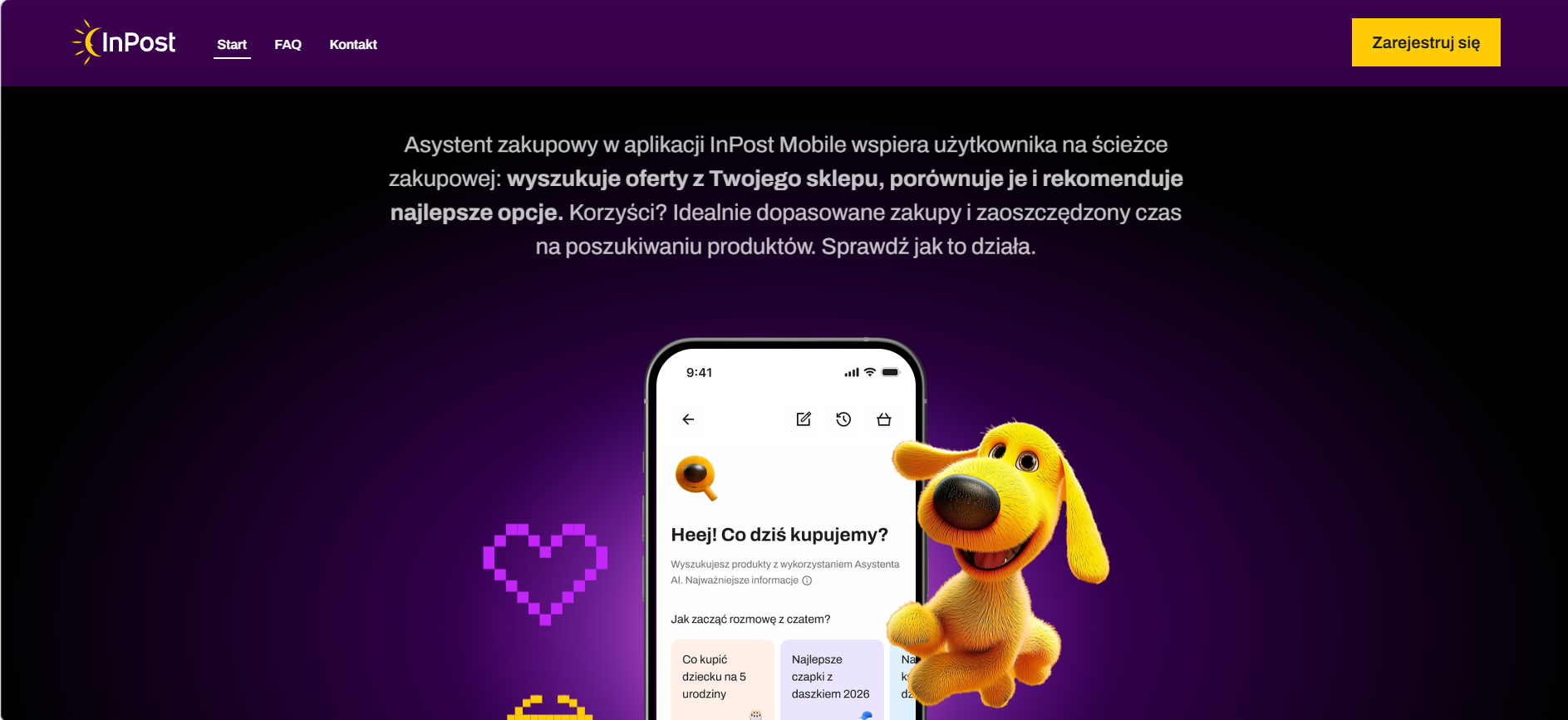 Von Halsky – asystent AI InPost 2026, hero image: żółty piesek Von Halsky obok smartfona z aplikacją InPost Mobile, czat AI „Heej! Co dziś kupujemy?”, wyszukiwanie ofert, porównywanie cen i rekomendacje zakupów, pixelowe serduszko i koszyk, oficjalna strona InPost