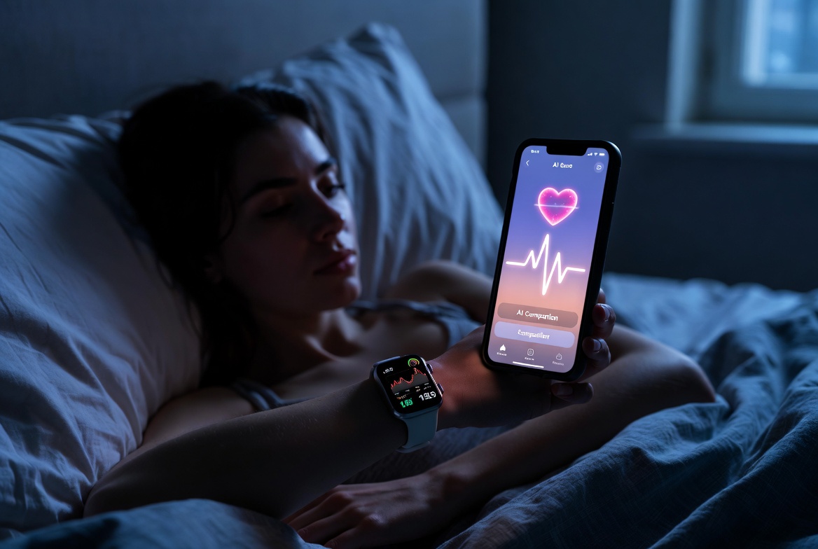 Młoda kobieta w łóżku z smartwatchem i telefonem, biometric mood-sync w aplikacji AI companion, realistyczne zdjęcie ilustrujące raport APA Digital Mental Health 2026 i synchronizację biometryczną z AI companions