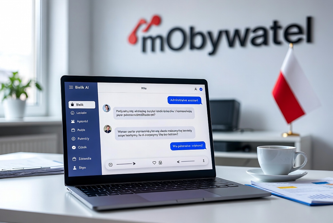 Bielik AI w administracji publicznej – laptop z polskim modelem językowym w urzędzie, realistyczne zdjęcie ilustrujące wdrożenie Bielik w mObywatel i urzędach, 1,2 mln pobrań 2026