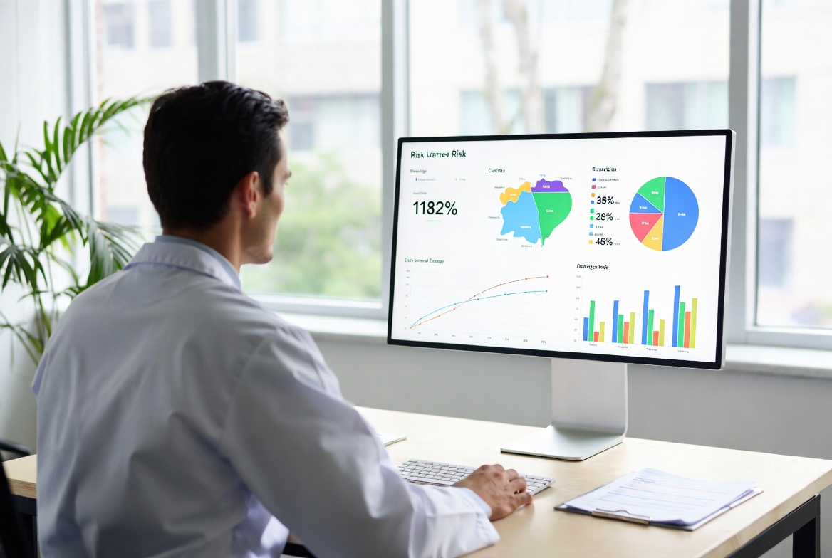 Lekarz analizujący na jasnym ekranie predykcje ryzyka chorób generowane przez model AI Delphi-2M, realistyczne zdjęcie ilustrujące przełom w medycynie predykcyjnej, badanie naukowców z EMBL DKFZ i Uniwersytetu Kopenhaskiego 2026