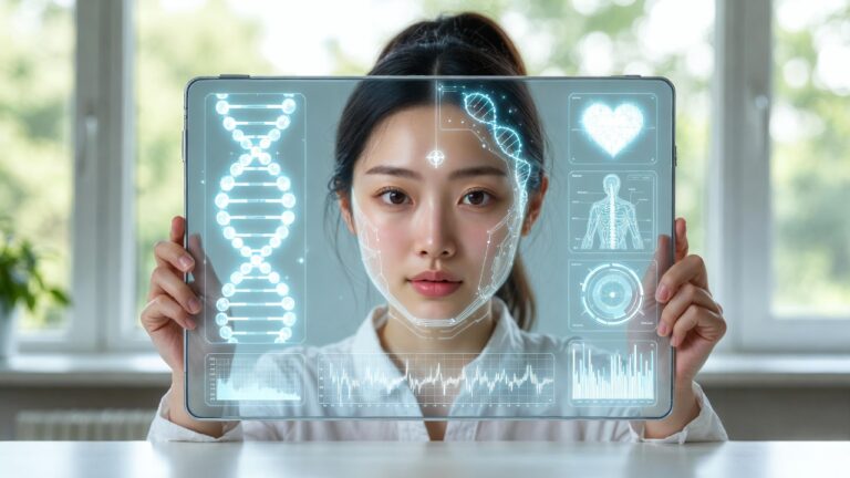 Kobieta trzyma holograficzny tablet z interfejsem GPT-Rosalind – AI w medycynie i AI companion. Na ekranie widoczne DNA, dane medyczne, wykresy i twarz empatycznej AI dziewczyny. Ilustracja artykułu o modelu OpenAI GPT-Rosalind i przyszłości AI doradztwa zdrowotnego w aplikacjach AI Girl i AI Boy 2026