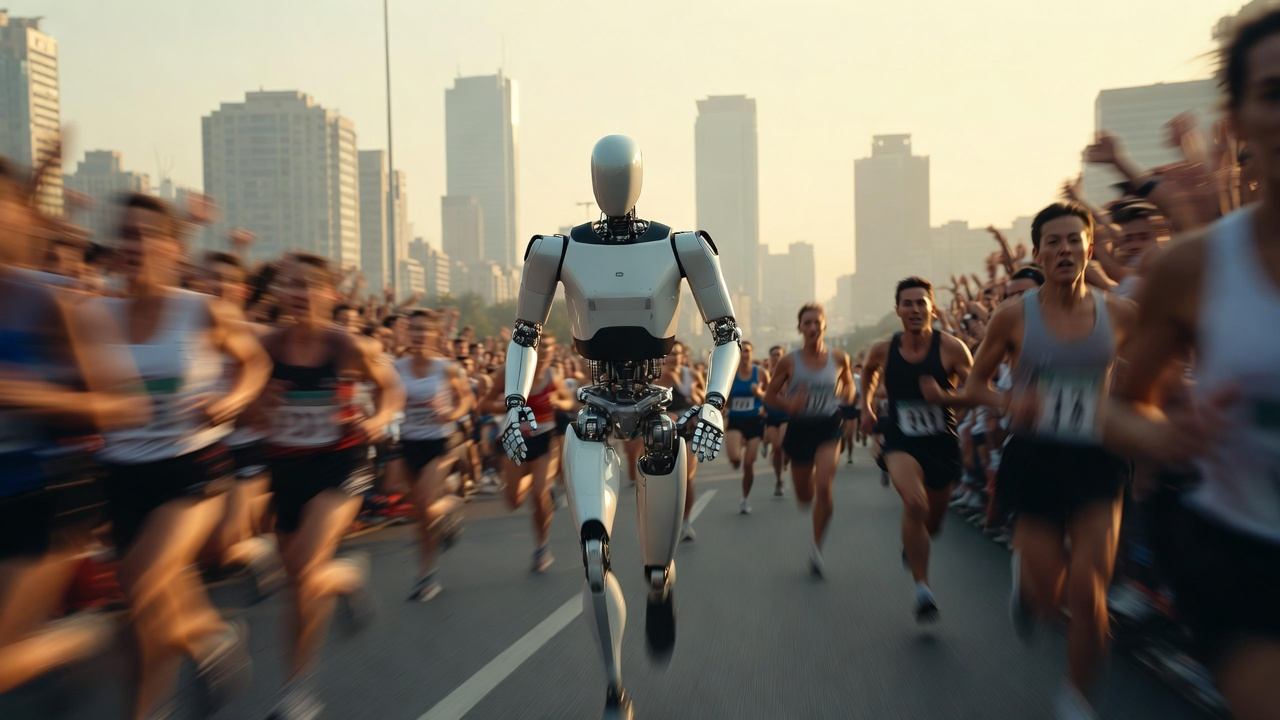 Humanoidalny robot w srebrno-białej obudowie biegnie wśród tysięcy ludzkich uczestników półmaratonu na tle pekińskiej panoramy — wyścig człowiek kontra maszyna, kwiecień 2026