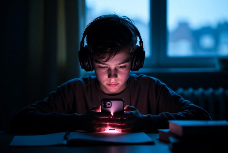 16-letni uczeń szkoły średniej pochylony nad smartfonem w ciemnym pokoju, realistyczne zdjęcie ilustrujące używanie AI do romantycznych rozmów, raport o AI companions wśród nastolatków 2026