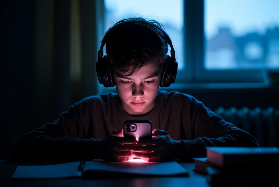 16-letni uczeń szkoły średniej pochylony nad smartfonem w ciemnym pokoju, realistyczne zdjęcie ilustrujące używanie AI do romantycznych rozmów, raport o AI companions wśród nastolatków 2026