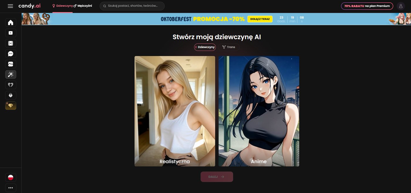 Kreator Candy.ai: wybór kategorii Dziewczyny lub Trans, styl Realistyczna lub Anime