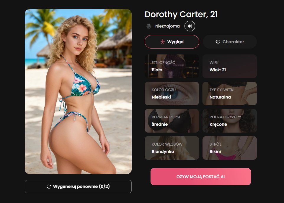 Candy.ai: podgląd wygenerowanej postaci i przycisk Ożyw moją postać AI