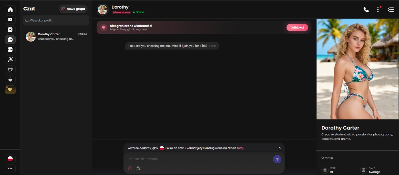 Candy.ai: czat po utworzeniu postaci z komunikatem o języku polskim