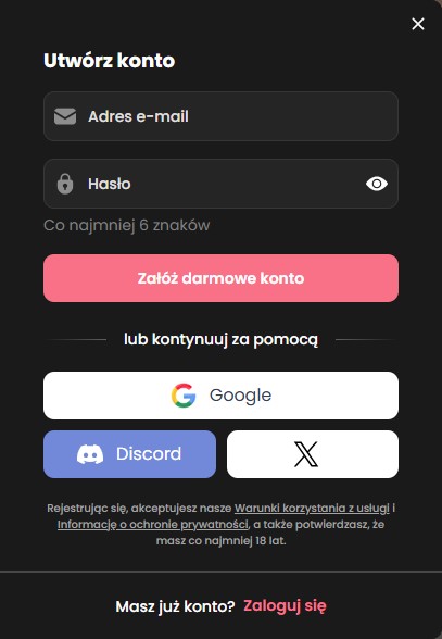Candy.ai: formularz rejestracji – e-mail, hasło, Google, Discord, X