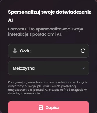 Candy.ai: personalizacja – pseudonim i płeć