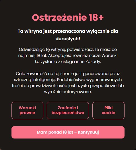 Candy.ai: ostrzeżenie 18+ i przycisk Kontynuuj