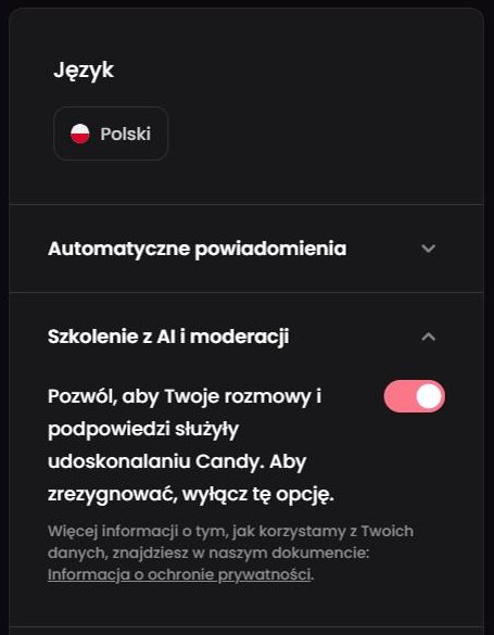 Candy.ai: ustawienia konta i przełącznik szkolenia AI