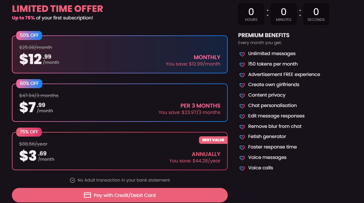 Plany cenowe DreamGF: miesięczny 12,99 USD, 3-miesięczny 7,99 USD, roczny 3,69 USD za miesiąc