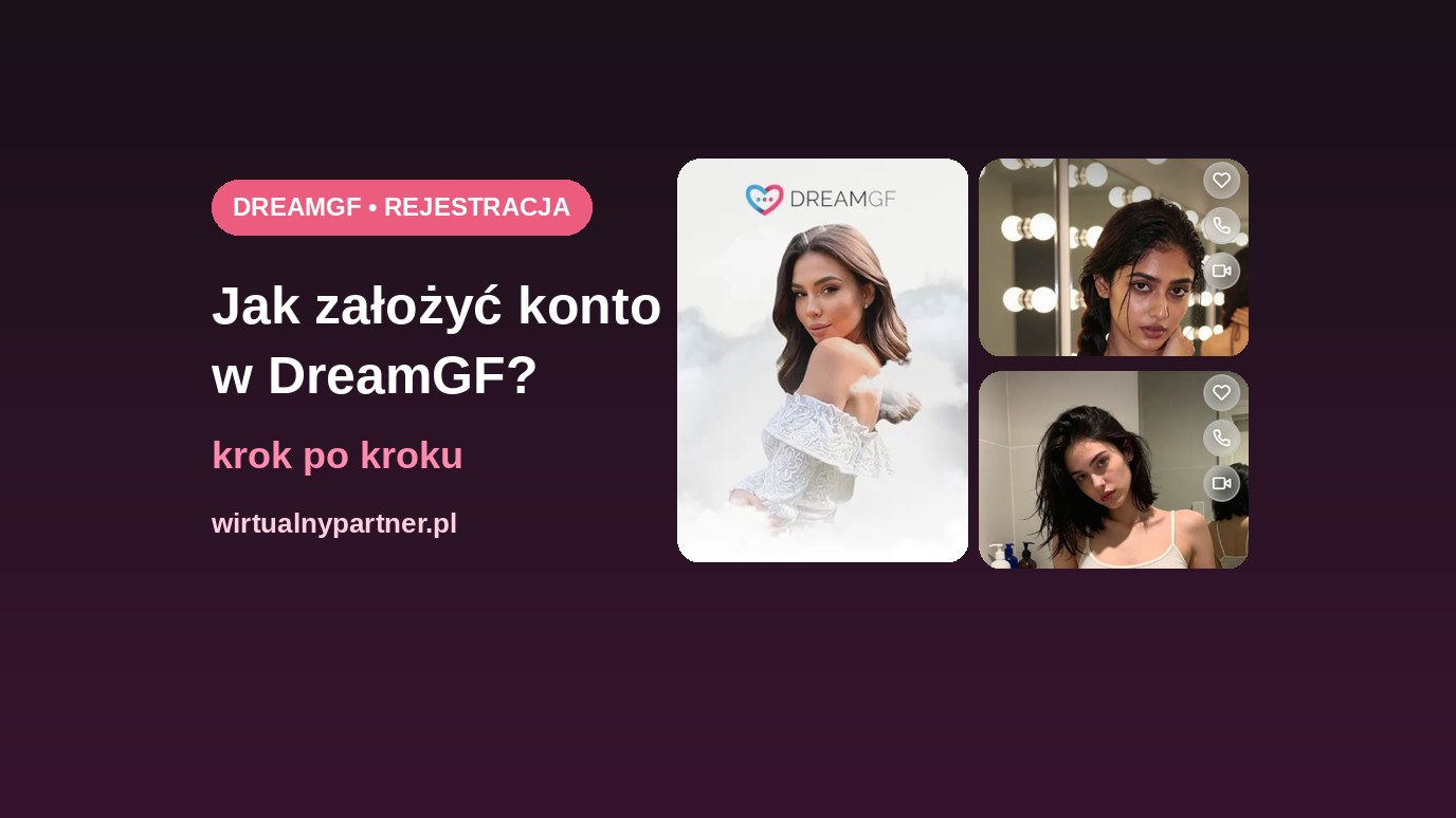 Rejestracja w DreamGF krok po kroku – portret postaci AI i dwie postacie z galerii serwisu