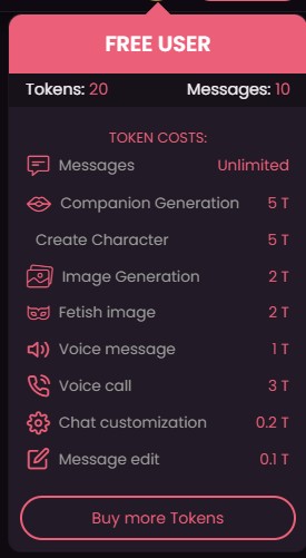 Panel konta darmowego DreamGF: 20 tokenów, 10 wiadomości i koszty funkcji w tokenach
