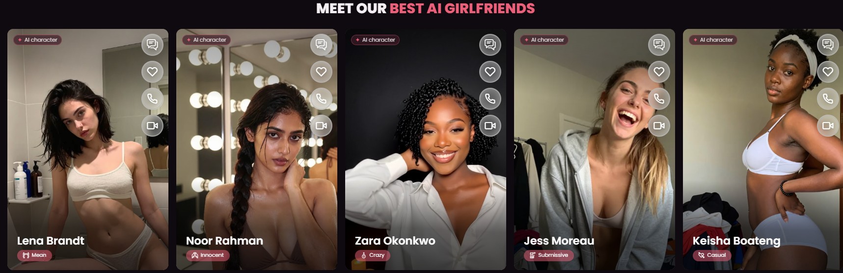 Galeria postaci AI w DreamGF: pięć przykładowych AI girlfriend z gotowej biblioteki serwisu