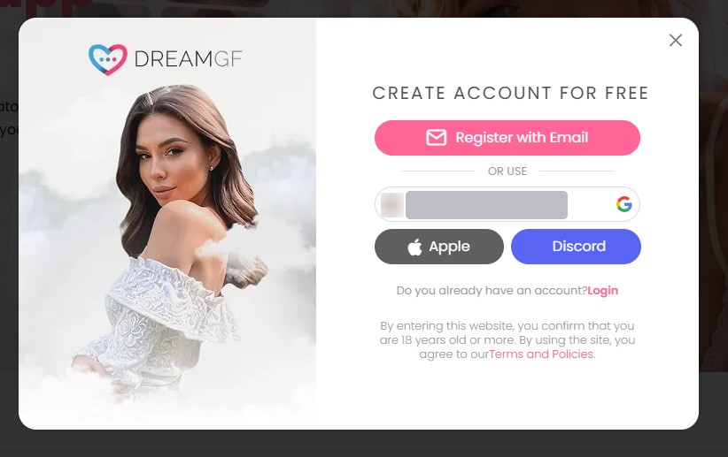 Okno rejestracji DreamGF: rejestracja przez e-mail, Google, Apple lub Discord
