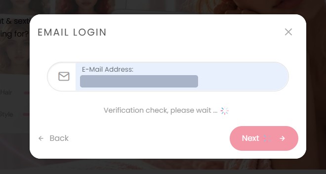 Formularz e-mail w rejestracji DreamGF z komunikatem Verification check
