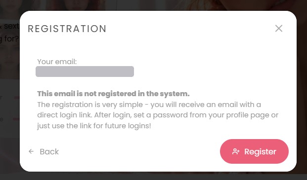 Komunikat DreamGF, że adres e-mail nie jest zarejestrowany, i przycisk Register