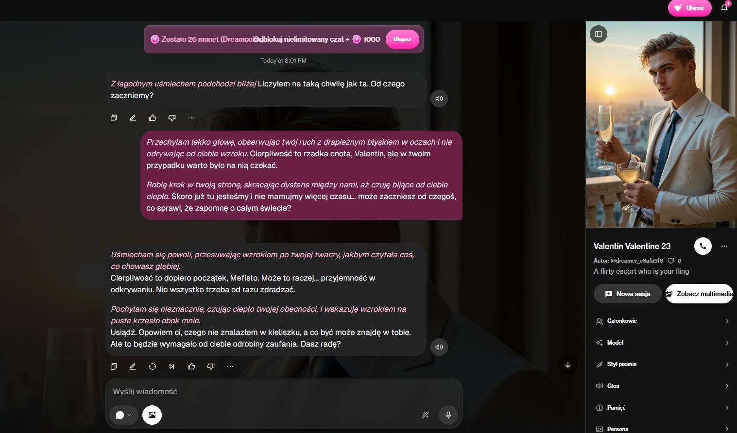 Czat z męską postacią w OurDream AI po polsku wraz z panelem bocznym: pamięć, styl pisania, persona