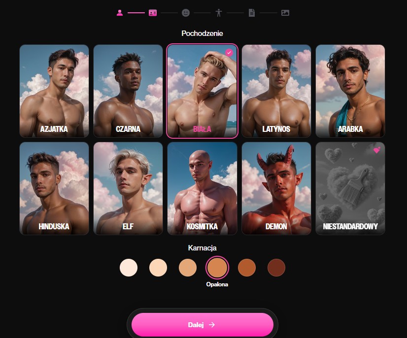 Kreator OurDream AI: wybór pochodzenia i karnacji męskiej postaci
